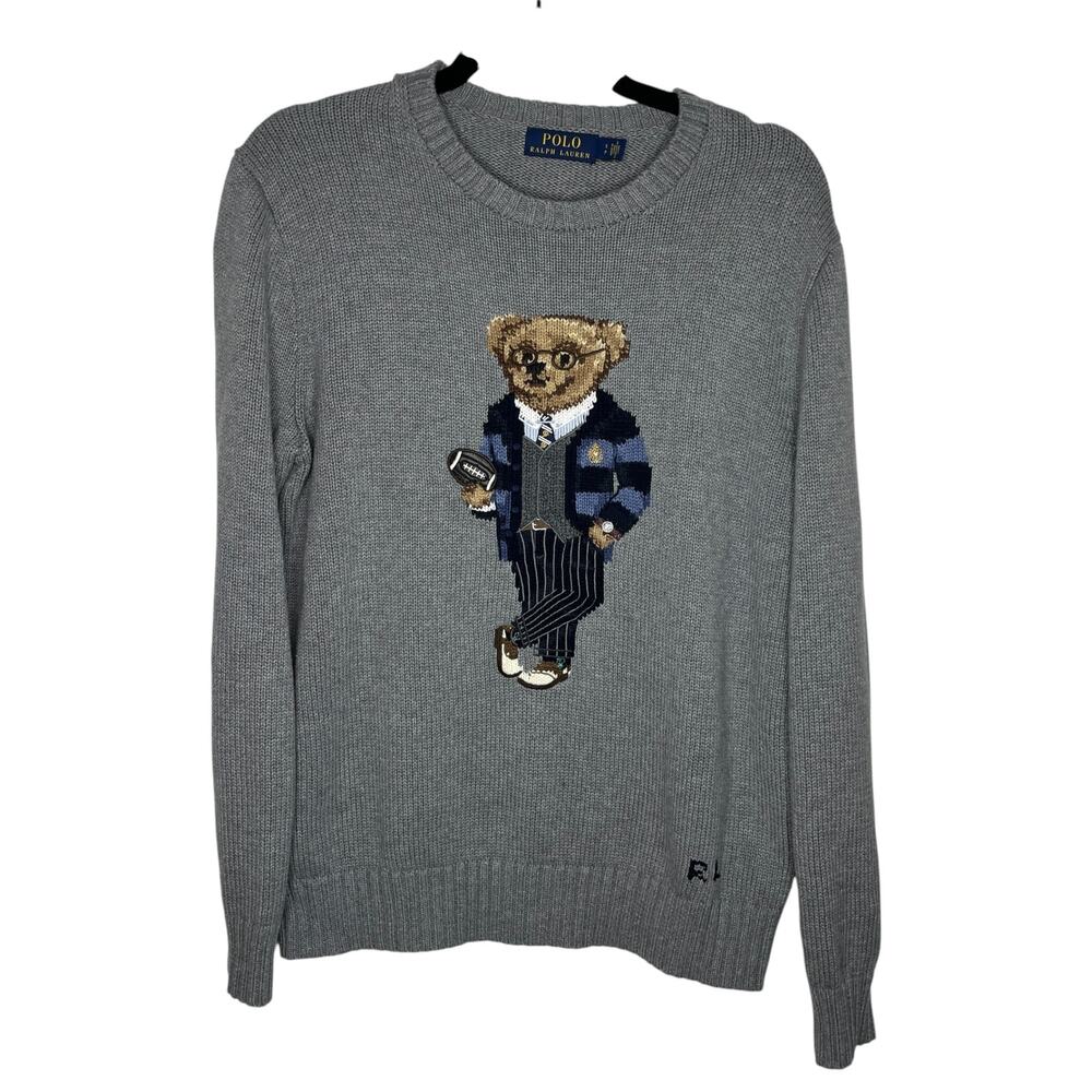 Polo Ralph Lauren Mens Sweater S Bear Cotton RL Gray Crewneck Classic Pullover